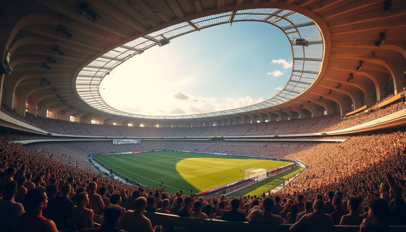 Prompt: Stadium design, modern architecture, sleek lines, sand-casted materials, textured walls, rough stone foundation, metal beams, concrete pillars, transparent roof, natural light pouring in, panoramic view, 3/4 composition, warm ambient lighting, evening scene, crowd of people, sports event, cheering atmosphere, dynamic movement.