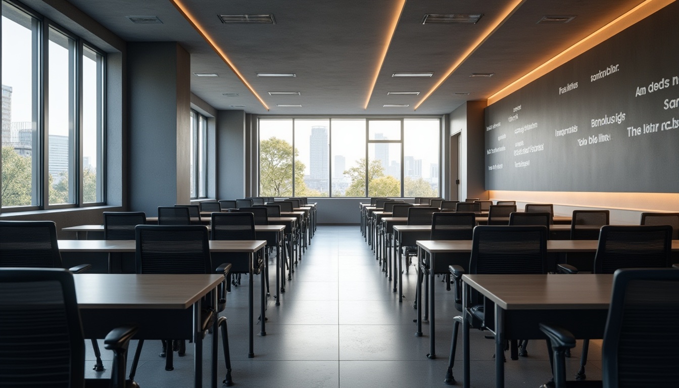 Prompt: Dark gray educational space, modern minimalist interior design, rows of dark gray desks, ergonomic chairs, subtle wood accents, inspirational quotes on walls, floor-to-ceiling windows, abundant natural light, cityscape view, morning sunlight, softbox lighting, 3/4 composition, symmetrical framing, clean lines, minimal shadows, neutral tone color palette, calm atmosphere, studious ambiance.