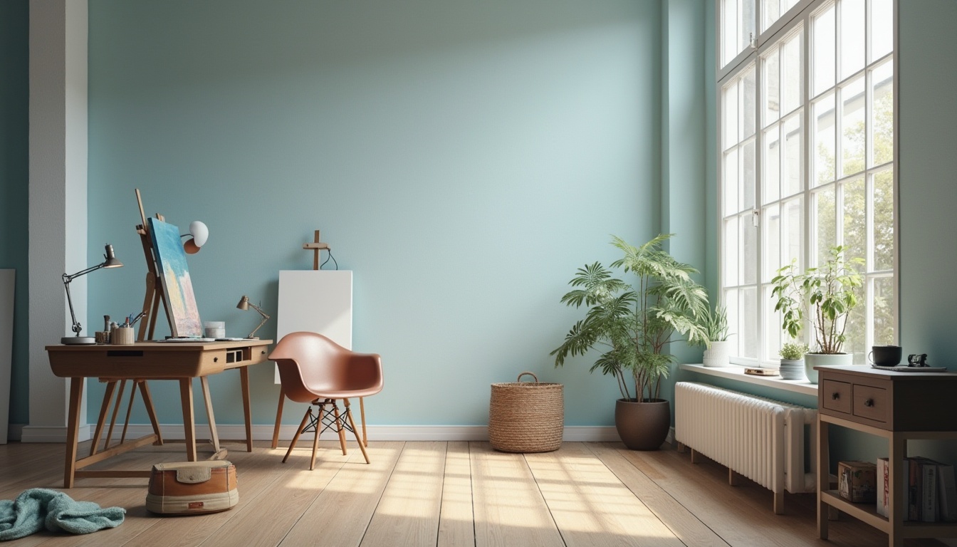 Prompt: Powder blue art studio, natural light, large windows, wooden floor, white walls, minimalist decor, powder blue accent wall, Eames chair, wooden desk, vintage lamp, artist at work, brush in hand, canvas on easel, soft focus, warm lighting, 3/4 composition, shallow depth of field, bohemian vibe, creative atmosphere.