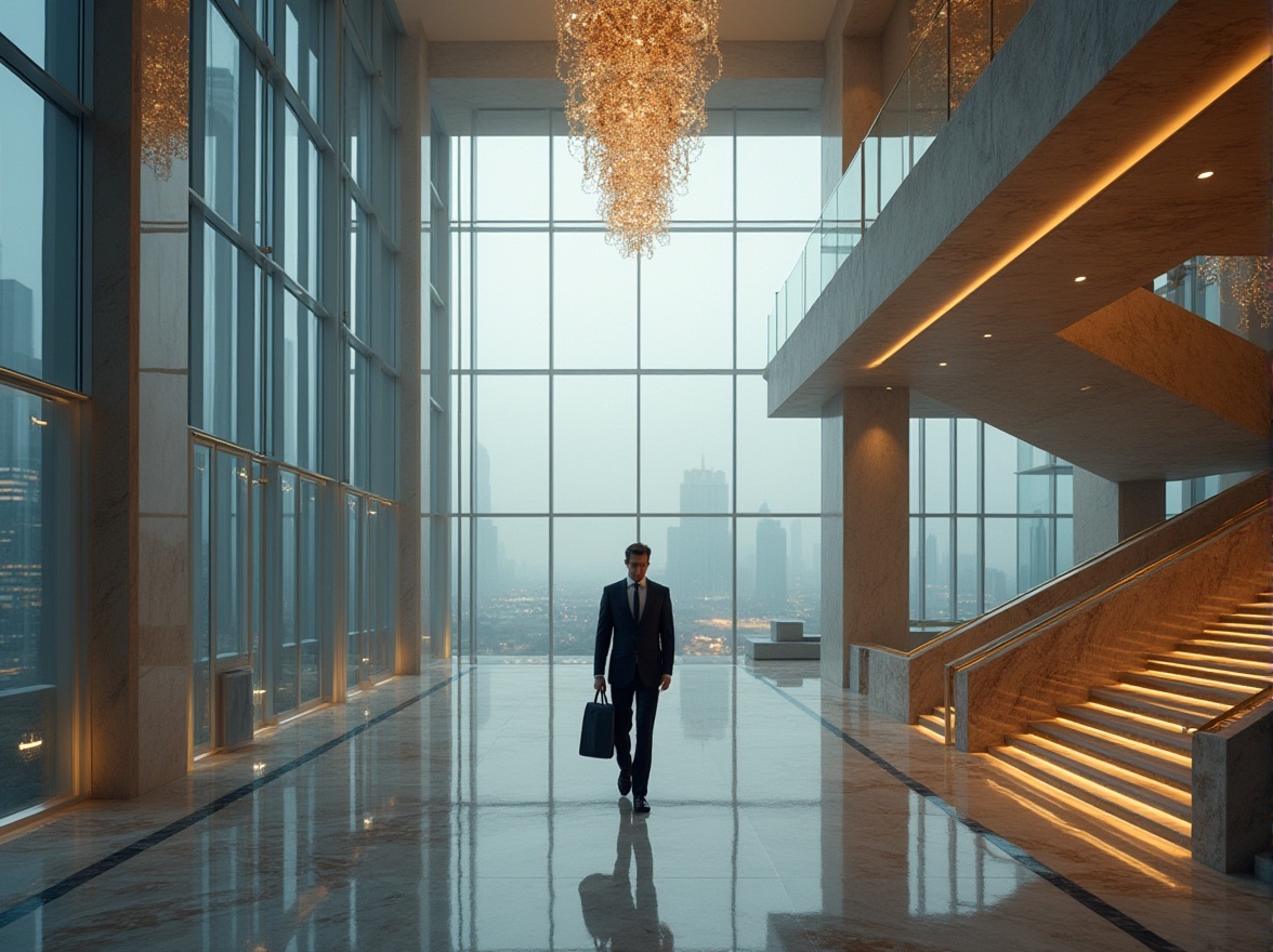 Prompt: Modern skyscraper, luxurious architecture, marble material, sleek lines, geometric shapes, reflective glass, grand lobby, high ceiling, elegant chandelier, polished floor, staircase with marble handrail, businessman, suit, tie, briefcase, confident stride, cityscape, urban jungle, foggy morning, low-angle shot, cinematic composition, warm lighting, detailed textures.