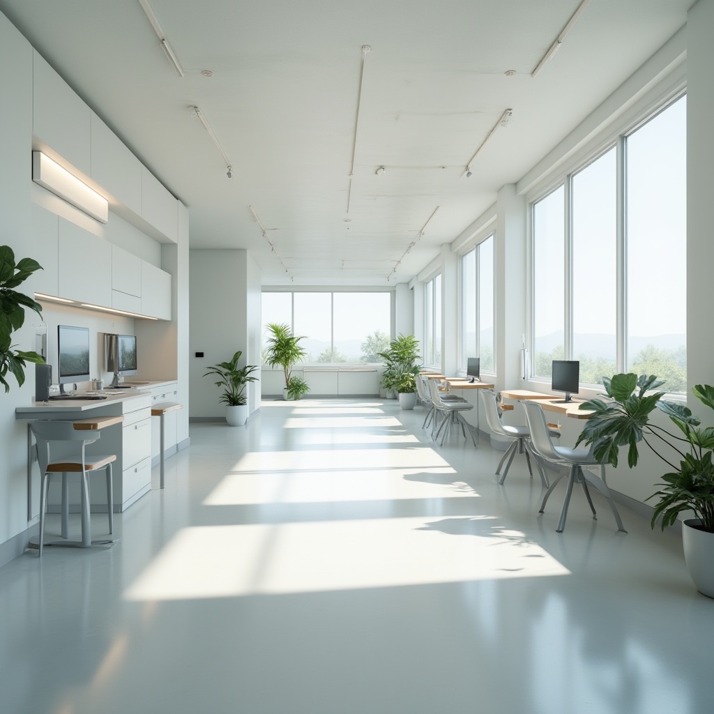 Prompt: Minimalist hospital interior, clean lines, simple shapes, neutral color palette, white walls, polished concrete floor, large windows, natural light pouring in, sparse decor, few potted plants, minimalist furniture, sleek metal chairs, wooden tables, subtle ambient lighting, soft shadows, calm atmosphere, nurses' station with modern computers, medical equipment, sterile surfaces, empty corridors, quiet ambiance, 3/4 composition, shallow depth of field, cinematic feel.