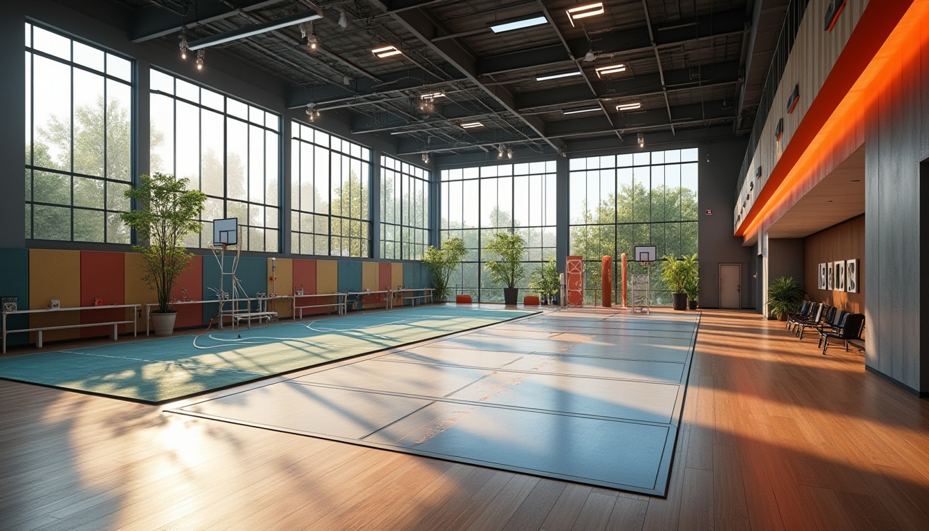 Prompt: Modern suburban gymnasium, minimalist architecture, large windows, natural light, wooden flooring, steel beams, industrial chic, vibrant color accents, athletic tracks, basketball courts, tennis tables, exercise equipment, mirrors, motivational quotes, green plants, LED lighting, futuristic ambiance, 3/4 composition, shallow depth of field, softbox lighting, morning sunlight, fitness enthusiasts, sporty atmosphere.