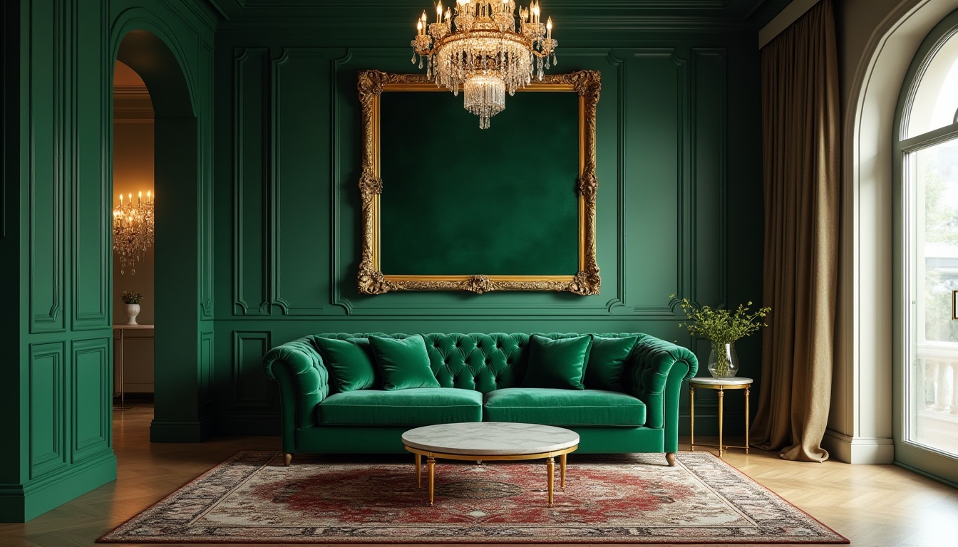 Prompt: Luxurious interior, malachite green accent wall, ornate gold frame, velvet sofa, emerald green throw pillows, crystal chandelier, marble coffee table, richly patterned rug, floor-to-ceiling curtains, dramatic drapery, opulent atmosphere, warm golden lighting, 3/4 composition, cinematic mood, shallow depth of field.