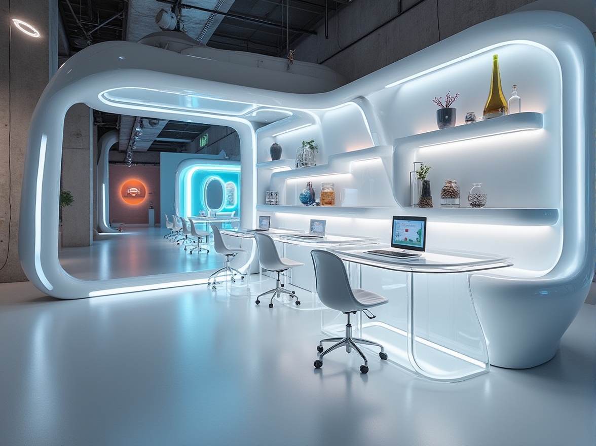 Prompt: Modern design, futuristic interior, sleek lines, minimalist decor, plastic materials, transparent acrylic tables, glossy white shelves, metallic legs, ergonomic chairs, rounded edges, neon lights, urban loft, industrial chic, concrete walls, polished floors, abstract art pieces, ambient lighting, shallow depth of field.