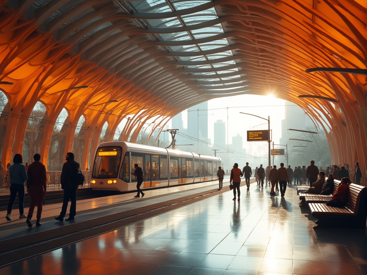 Prompt: Modern tram station, futuristic architecture, sleek lines, vibrant ochre color scheme, glass ceiling, steel beams, minimalist benches, LED lights, dynamic advertisements, busy commuters, diverse crowd, morning rush hour, natural light pouring in, reflective floor, geometric shapes, urban landscape, cityscape, panoramic view, 3/4 composition, soft focus, warm ambient lighting.