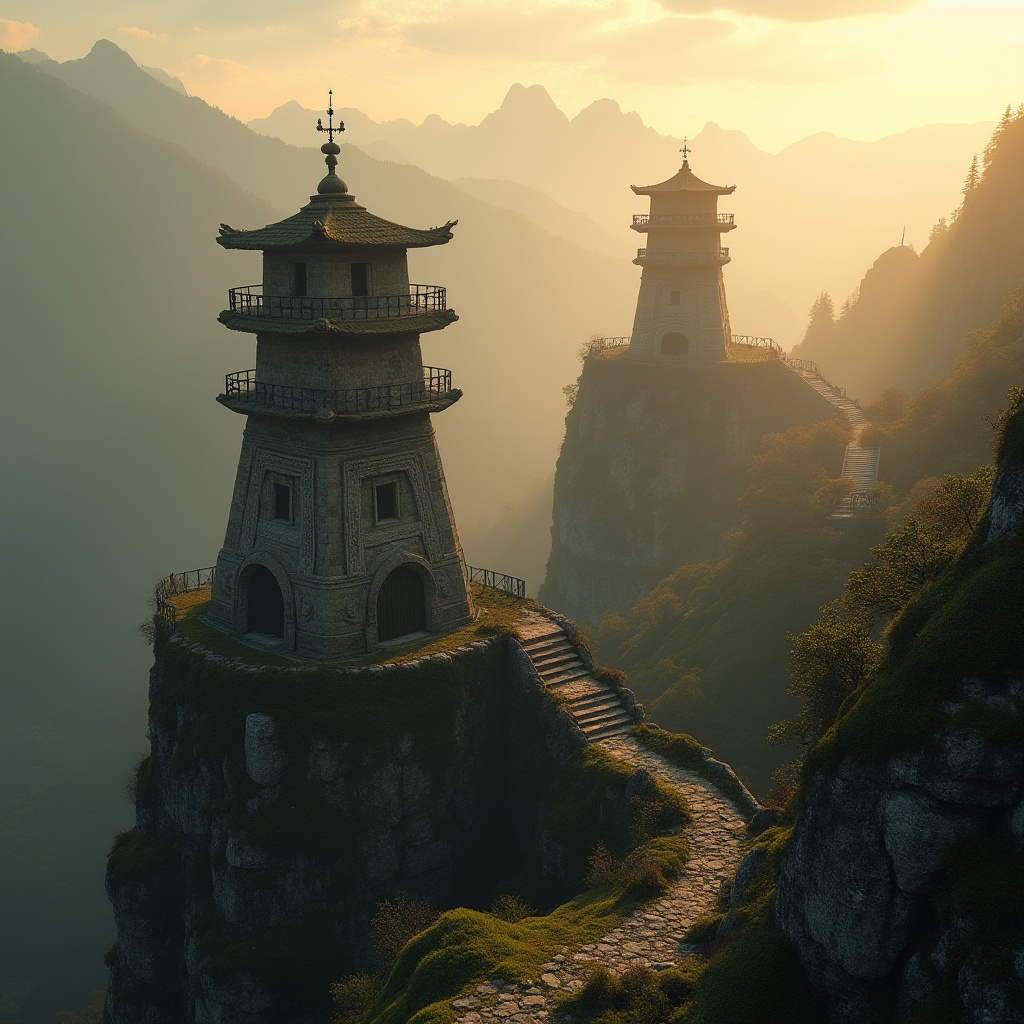 Prompt: Watching towers, plateau landscape, dusk time, warm golden light, gentle mist, mysterious atmosphere, ancient stone structures, intricate carvings, moss-covered walls, worn stairs, observation decks, distant mountain ranges, vast open spaces, serene ambiance, warm sunlight, low-angle shot, cinematic composition, 3/4 view, soft focus, natural texture, earthy tone.