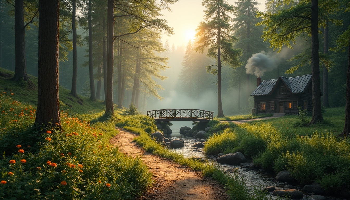 Prompt: Serenity scene, peaceful atmosphere, forest landscape, tall trees, dense foliage, sunlight filtering through leaves, warm soft lighting, misty fog rising from ground, vibrant green grass, colorful wildflowers blooming, winding dirt path leading deep into woods, old wooden bridge crossing gentle stream, water flowing softly over smooth rocks, rustic wooden cabin hidden behind trees, smoke rising gently from chimney, 3/4 composition, cinematic angle, shallow depth of field, warm color palette, idyllic ambiance.