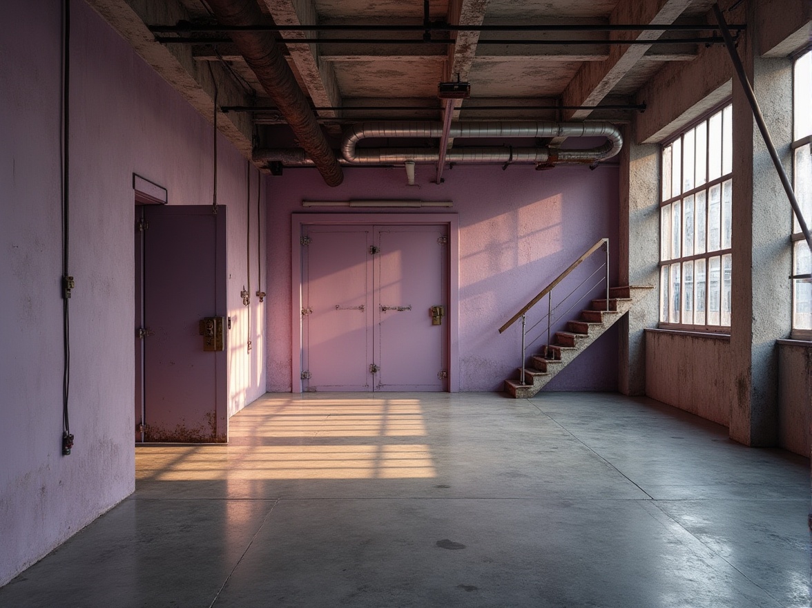 Prompt: Brutalist architecture, industrial background, lilac accent wall, concrete floor, metal beams, exposed pipes, minimalist decor, urban atmosphere, dramatic lighting, low-angle shot, 3/4 composition, warm tone, soft focus, cinematic mood, brutalist columns, lilac-colored steel door, rusty metal stairs, urban jungle, cityscape, abstract art piece, industrial chic.