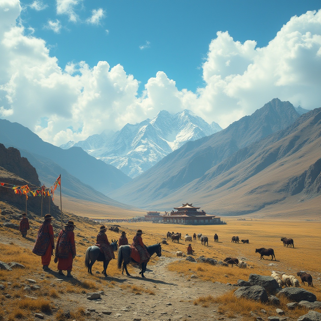 Prompt: Plateau region, mountainous terrain, vast grasslands, few trees, distant snow-capped peaks, blue sky with white clouds, strong wind, rugged landscape, Tibetan-style architecture, prayer flags, colorful clothing, nomadic tribespeople, horses, yaks, sheep, traditional instruments, warm lighting, cinematic composition, sense of freedom and adventure.