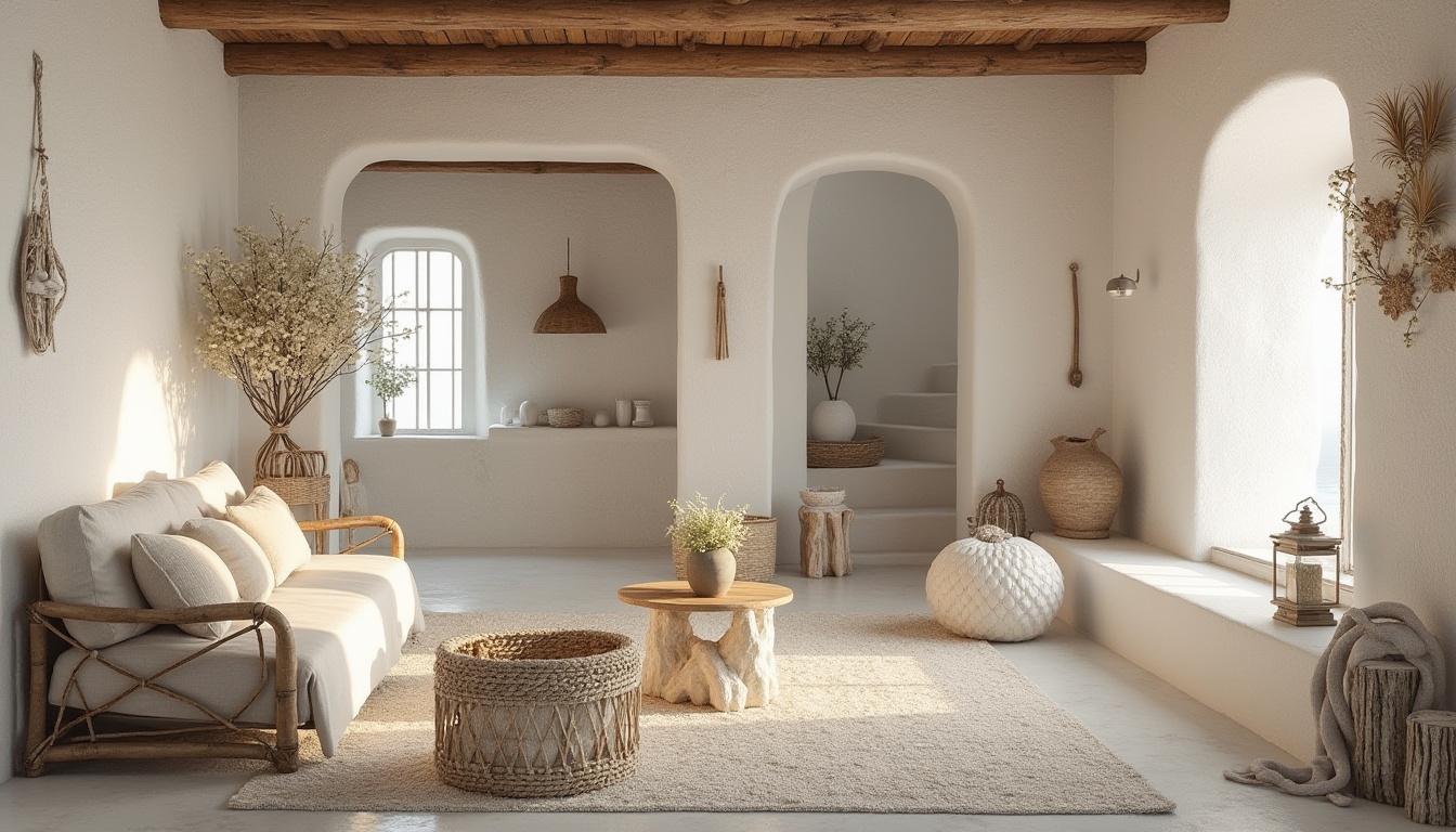 Prompt: Coastal villa, eclectic style, white walls, rough-textured plaster, natural stone foundation, wooden beams, nautical ropes, vintage lanterns, seaside flowers, shells, driftwood decor, woven rattan furniture, linen upholstery, ocean-inspired color palette, warm sandy tones, weathered wood accents, soft morning light, high-angle shot, 3/4 composition, atmospheric perspective.