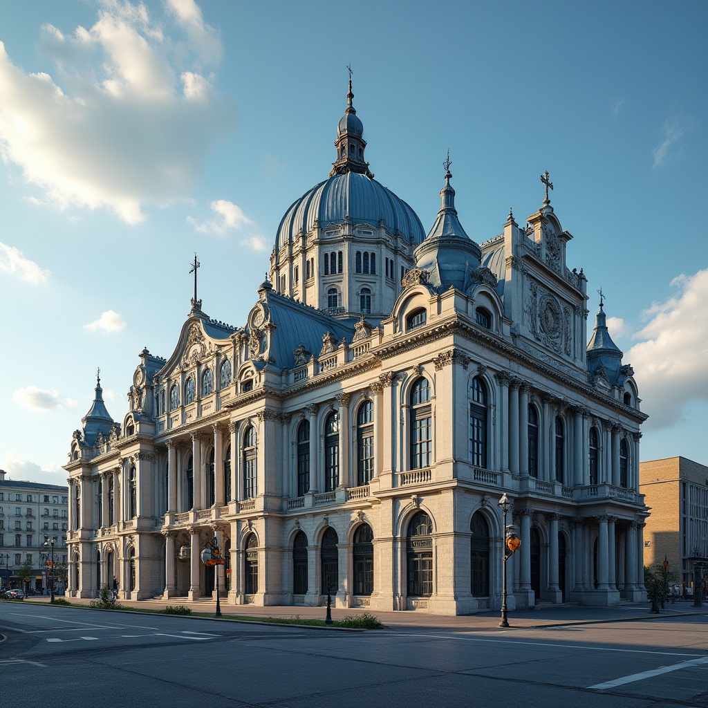 Prompt: Modern Renaissance architecture, grand building, ornate details, galvanized steel structure, metallic luster, corrugated roofing, industrial chic, urban landscape, cityscape, blue sky, white clouds, afternoon sunlight, dramatic shadows, 3/4 composition, low-angle shot, cinematic lighting, high contrast, realistic rendering.