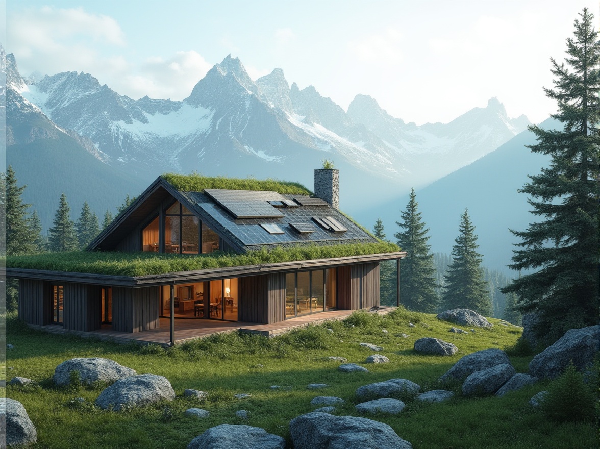 Prompt: Mountainous region, sustainable architecture, eco-friendly building, green roof, solar panels, wooden exterior, large windows, natural light, minimal carbon footprint, snow-capped mountains, evergreen trees, misty atmosphere, panoramic view, 3/4 composition, soft natural lighting, ambient occlusion.