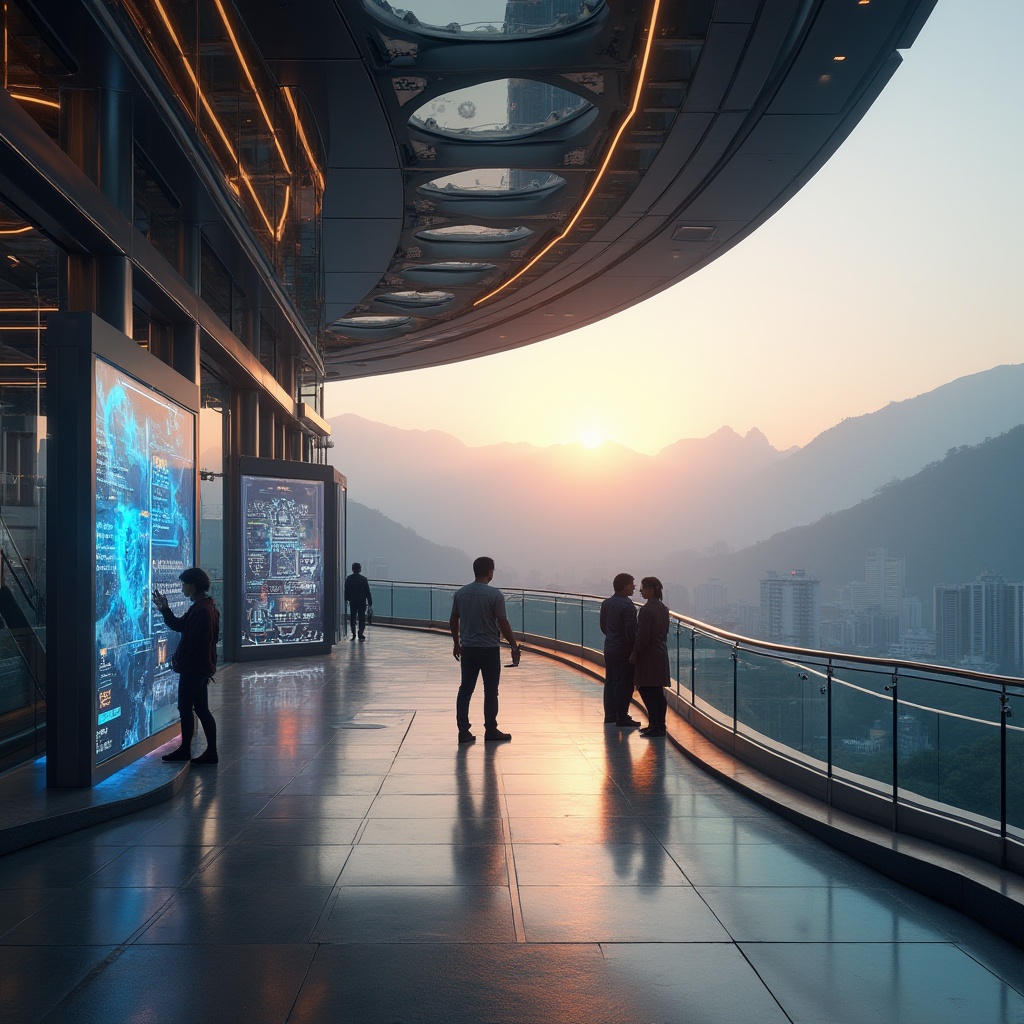 Prompt: Futuristic plateau tram station, modern architecture, sleek lines, metallic materials, glass roofs, spacious interior, holographic advertisements, LED lights, escalators, people in futuristic clothing, interacting with AI-powered information boards, panoramic view of surrounding mountains, misty atmosphere, warm sunset lighting, 3/4 composition, depth of field, cinematic ambiance.