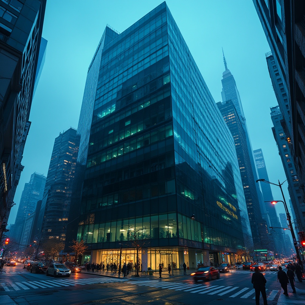 Prompt: Dark cyan colored building, modern futuristic architecture, sleek lines, geometric shapes, metallic materials, neon lights reflecting off the dark cyan surface, cityscape at dusk, towering skyscrapers, busy streets, night scene, cinematic composition, low-angle shot, dramatic lighting, depth of field, high-contrast color palette.