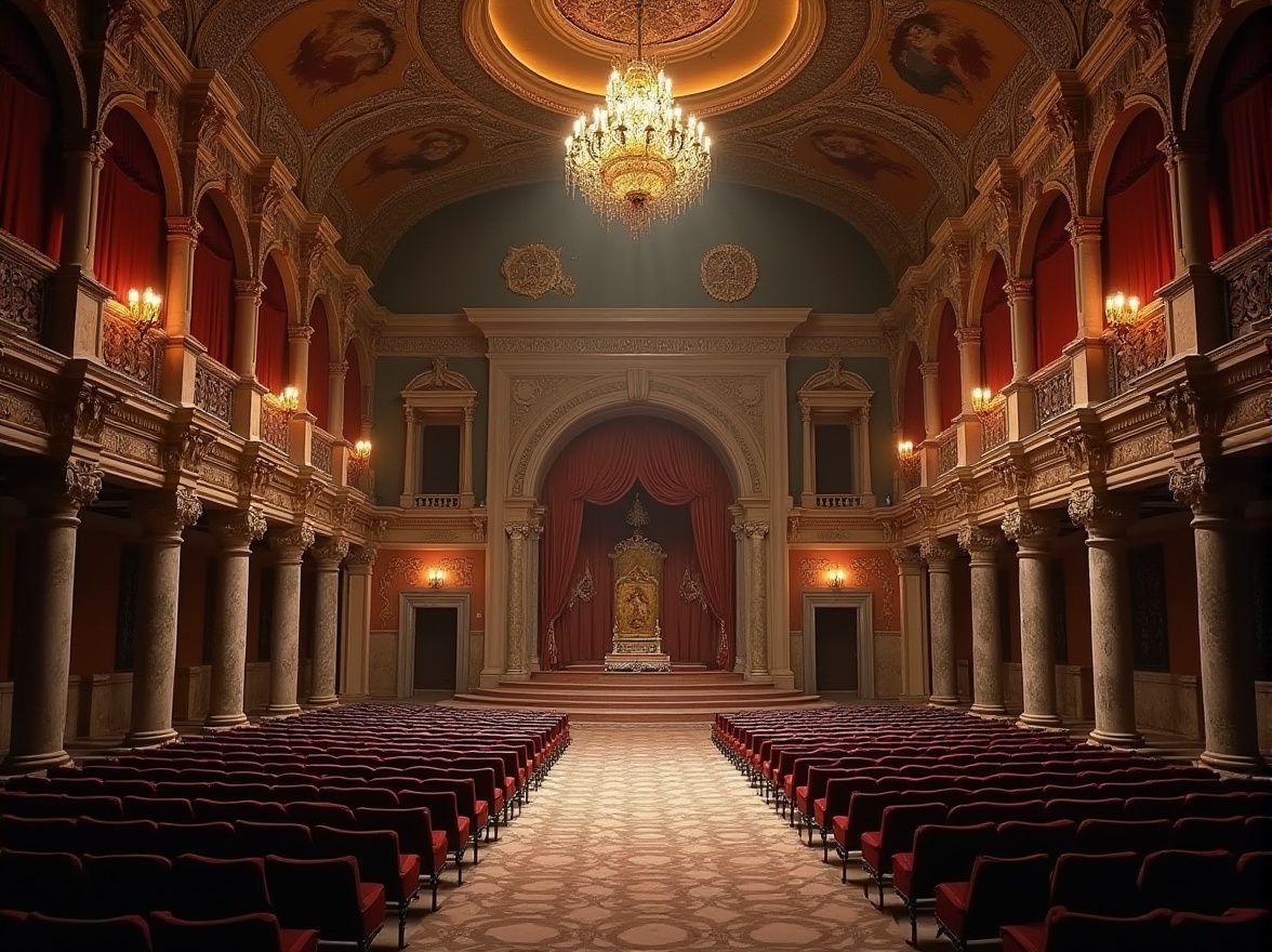 Prompt: Byzantine theater, ornate architecture, grandiose decoration, marble columns, intricate mosaics, golden accents, red velvet curtains, regal throne, emperor's box seats, lavish chandeliers, ornamental frescoes, vaulted ceiling, dim soft lighting, majestic atmosphere, ancient ruins, abandoned theater, mysterious ambiance, warm earthy tones, dramatic shadows.