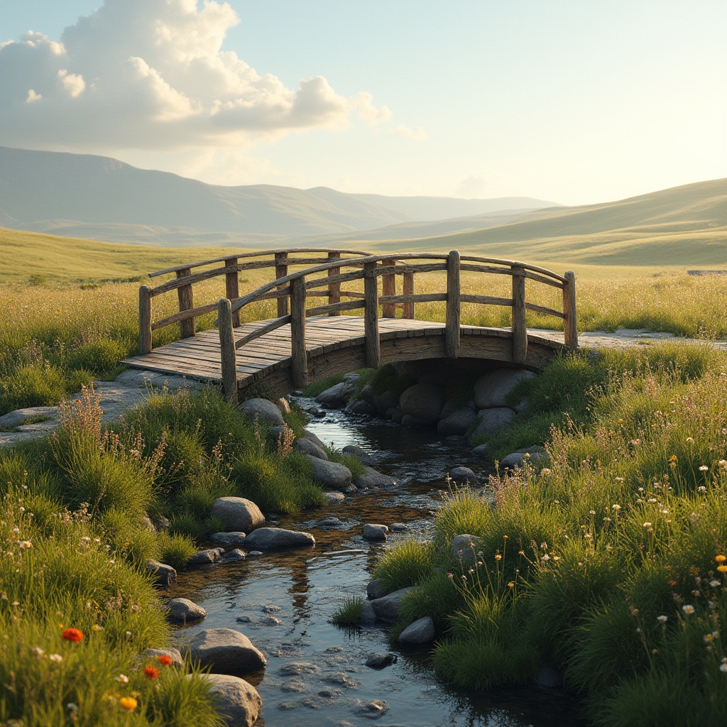 Prompt: Rustic wooden bridge, gentle slope, grassland environment, sunny afternoon, warm soft light, few puffy white clouds, vast open space, rolling hills in the distance, a variety of wildflowers blooming underneath the bridge, a meandering stream running beneath it, shallow water, stepping stones, natural stone foundation, wooden railings with intricate carvings, lush green grass, subtle wind blowing through the wildflowers, serene atmosphere, peaceful composition, 3/4 view, warm color palette, cinematic lighting.