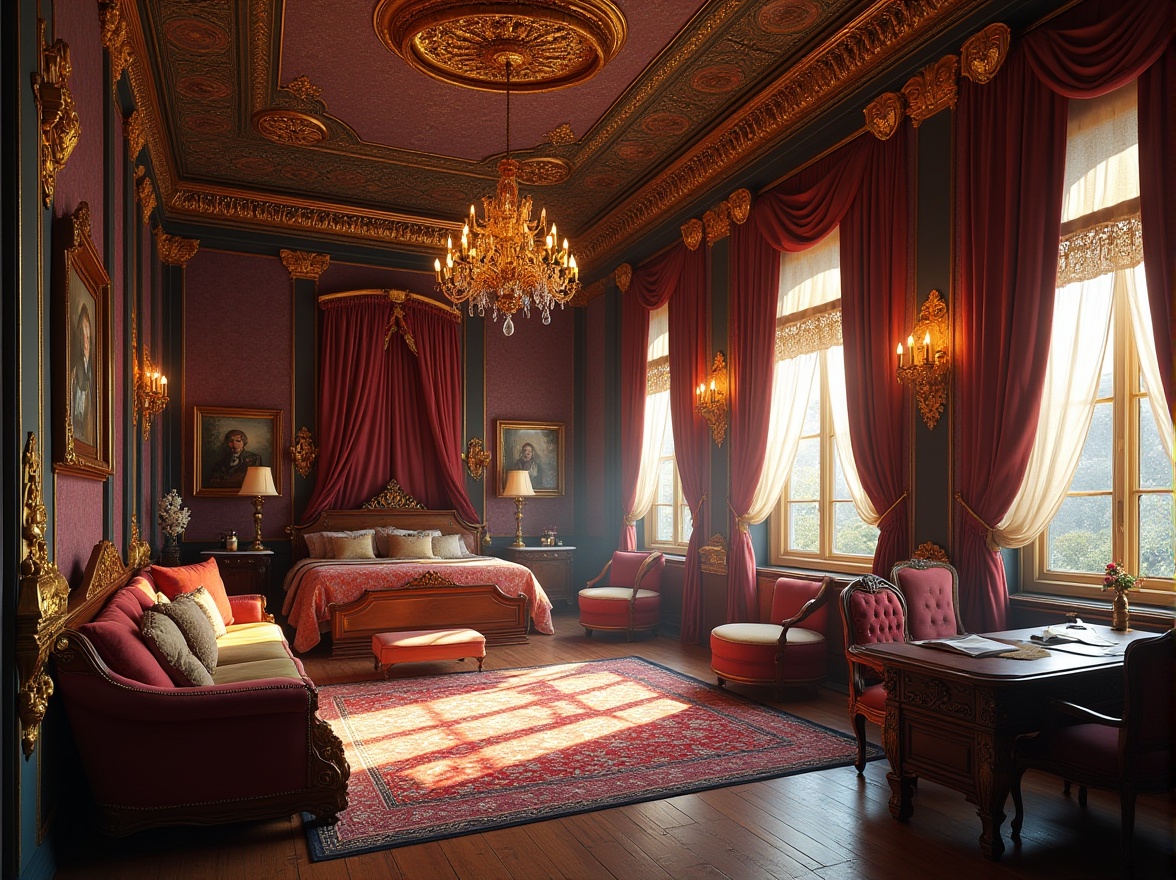 Prompt: Byzantine style dorm, luxurious interior design, ornate gold accents, intricate mosaics, rich velvet fabrics, regal purple walls, high ceilings, grand chandeliers, ornate wooden furniture, lavish drapes, spacious rooms, functional study areas, cozy reading nooks, soft warm lighting, 3/4 composition, atmospheric perspective, cinematic rendering.