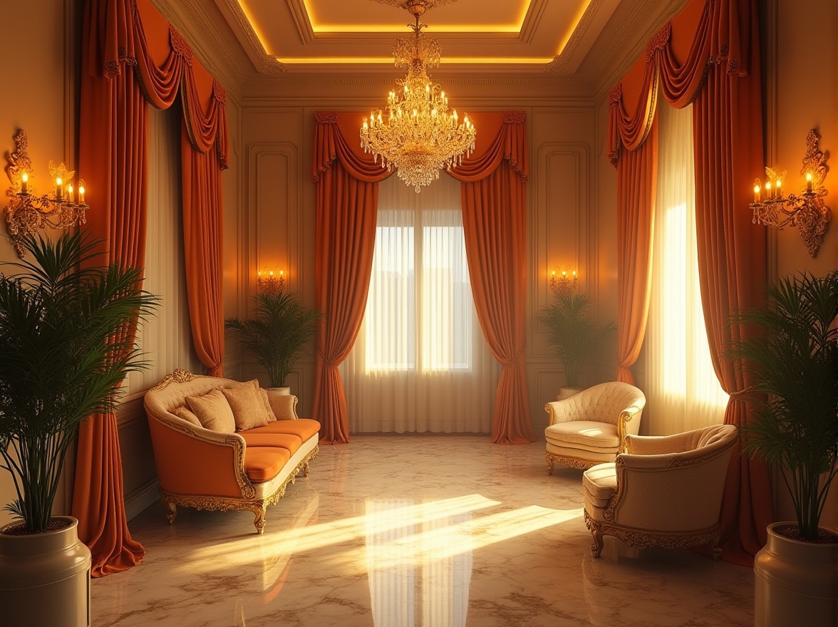 Prompt: Luxurious interior, elegant atmosphere, golden color palette, warm soft lighting, marble floors, ornate furniture, velvet drapes, crystal chandelier, subtle sheen, intricate patterns, refined details, luxurious fabrics, rich textures, sophisticated ambiance, 3/4 composition, cinematic mood, depth of field.