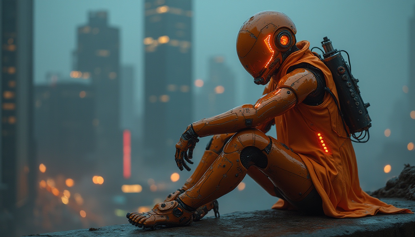 Prompt: Futuristic cyborg, orange metallic fabric, high-tech armor, intricate circuit patterns, neon-lit accents, sleek robotic legs, mechanical arms, glowing orange eyes, dynamic pose, urban cityscape, skyscraper background, night scene, dramatic lighting, foggy atmosphere, 3/4 composition, shallow depth of field, HDR rendering.