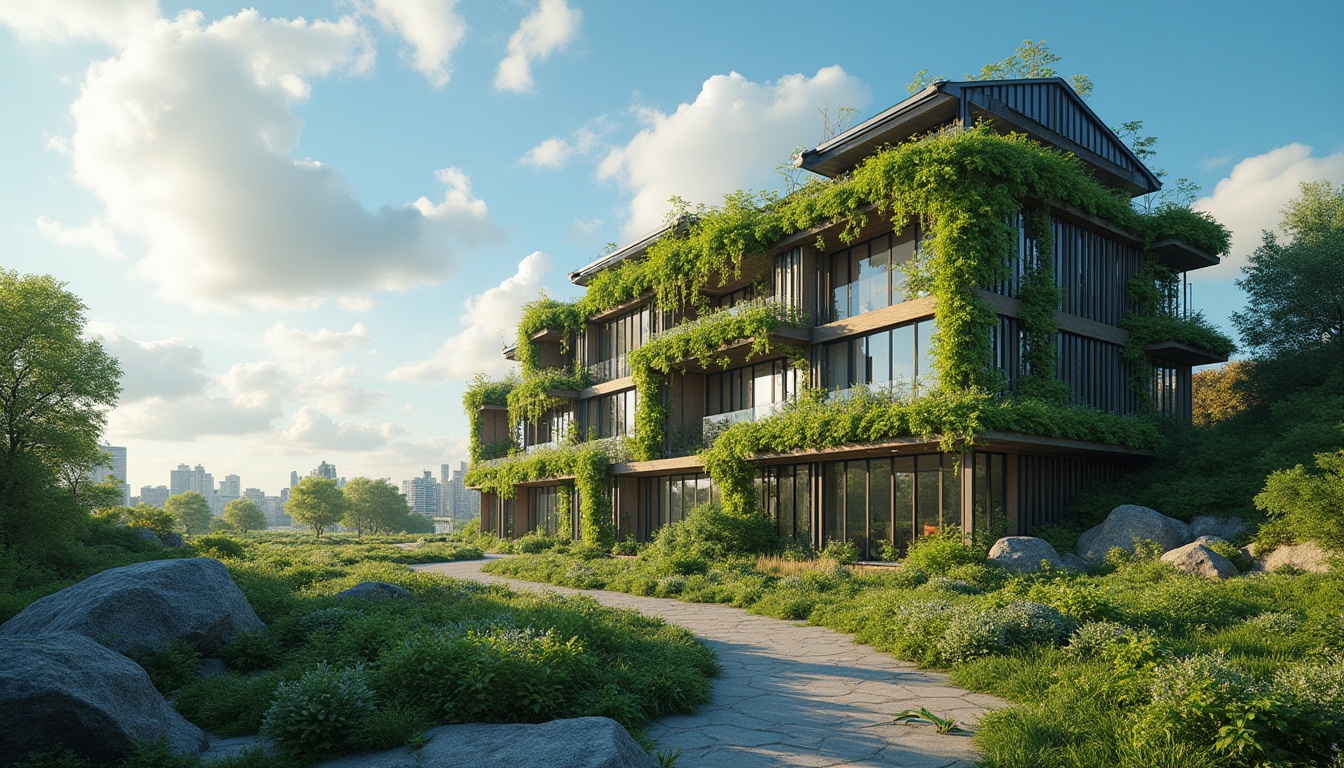 Prompt: Sustainable modern architecture, eco-friendly building, steel-framed materials, green walls, vines crawling up, recycled metal scraps, industrial-chic exterior, urban cityscape, bright blue sky, fluffy white clouds, afternoon sunlight, 3/4 composition, shallow depth of field, warm natural light, soft shadows, environmental friendly, futuristic design, minimalist style.