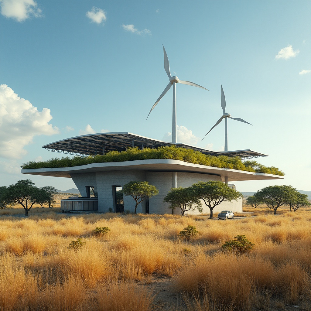 Prompt: Savanna-inspired energy plant, minimalistic, modern architecture, curved lines, greenery rooftop, solar panels, wind turbines, sleek metal framework, industrial pipes, steam vents, concrete foundation, surrounded by acacia trees, dry yellow grass, blue sky with few white clouds, warm sunlight, low-angle shot, 3/4 composition, natural lighting, high contrast, cinematic atmosphere.