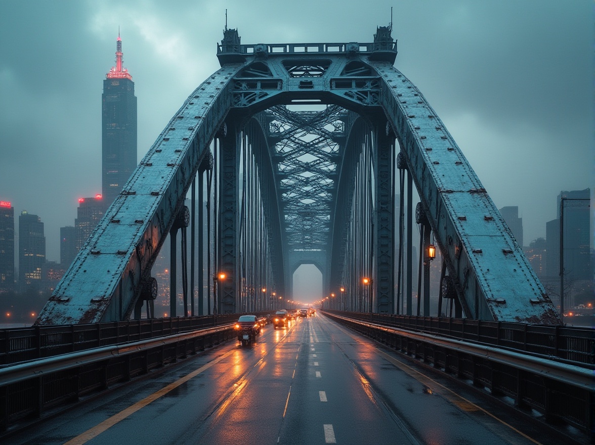 Prompt: Industrial bridge, steel material, silver-gray tone, metallic luster, rivets details, strong structure, majestic arch shape, urban cityscape background, modern skyscrapers, busy streets, traffic lights, cloudy sky, dramatic lighting, low-angle shot, cinematic composition, fog effect, misty atmosphere.