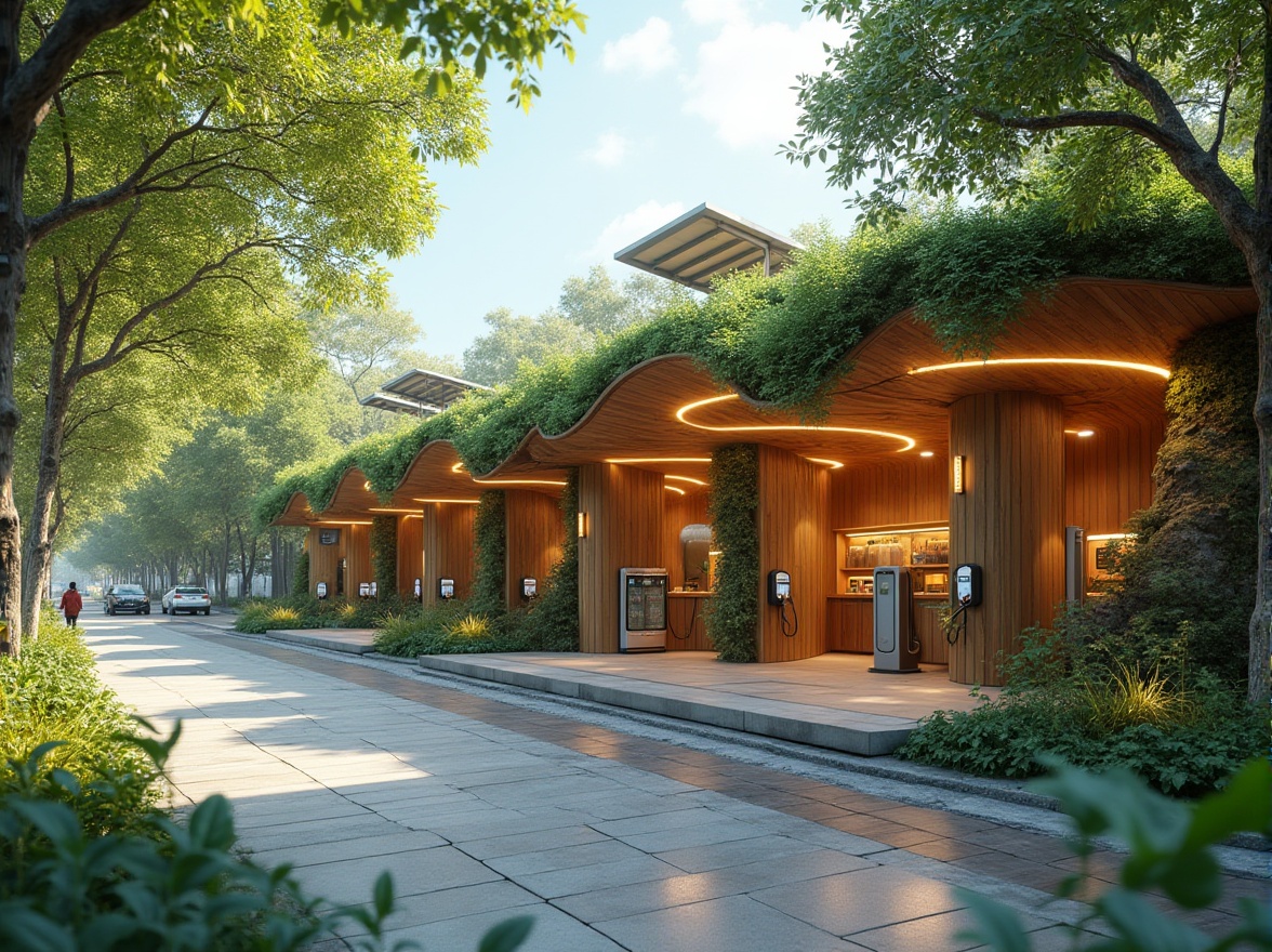 Prompt: Urban charging station, organic architecture, futuristic, eco-friendly, curved lines, green roof, solar panels, LED lights, natural stone walls, wooden accents, lush greenery, vines crawling up walls, modern minimalist interior, sleek charging points, electric vehicles, busy city street, daytime, warm sunlight, shallow depth of field, 3/4 composition, vibrant colors.