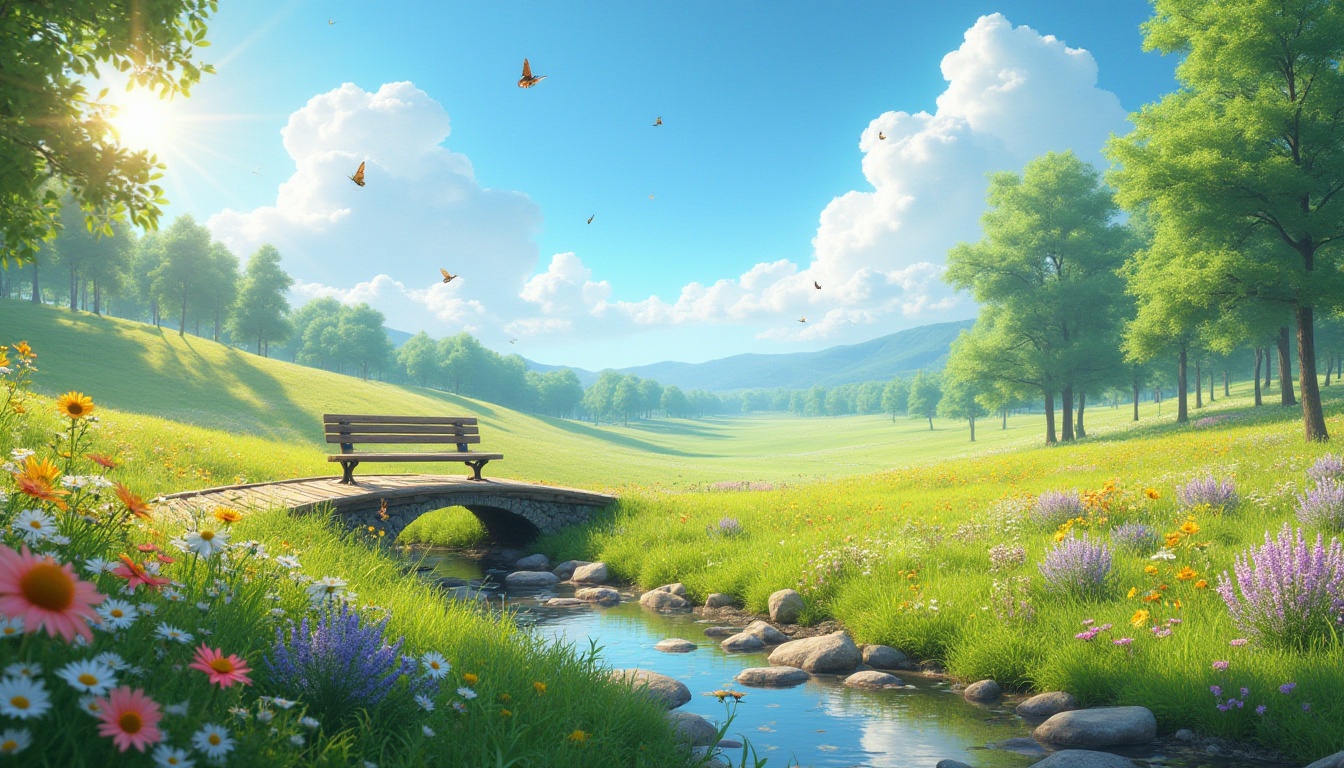 Prompt: Vibrant meadow, sunny day, clear blue sky, fluffy white clouds, lush green grass, colorful wildflowers blooming, daisies, sunflowers, lavender, gentle breeze, butterflies fluttering, bees buzzing, small wooden bridge over a narrow stream, few stepping stones, a delicate iron bench, soft warm lighting, shallow depth of field, peaceful atmosphere, idyllic setting, cinematic composition, 3/4 view.