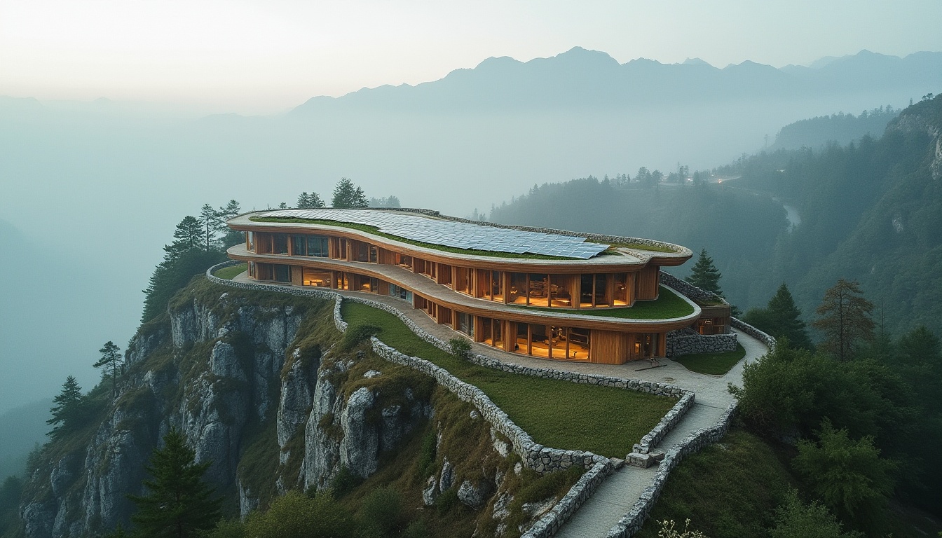 Prompt: Mountainous region, sustainable architecture, eco-friendly building, green roof, solar panels, wooden structure, curved lines, minimalist design, large windows, panoramic view, misty atmosphere, foggy morning, mountain peaks, pine trees, rocky cliffs, winding roads, scenic hiking trails, rustic stone walls, local materials, natural textures, earthy colors, 3/4 composition, aerial shot, cinematic lighting.