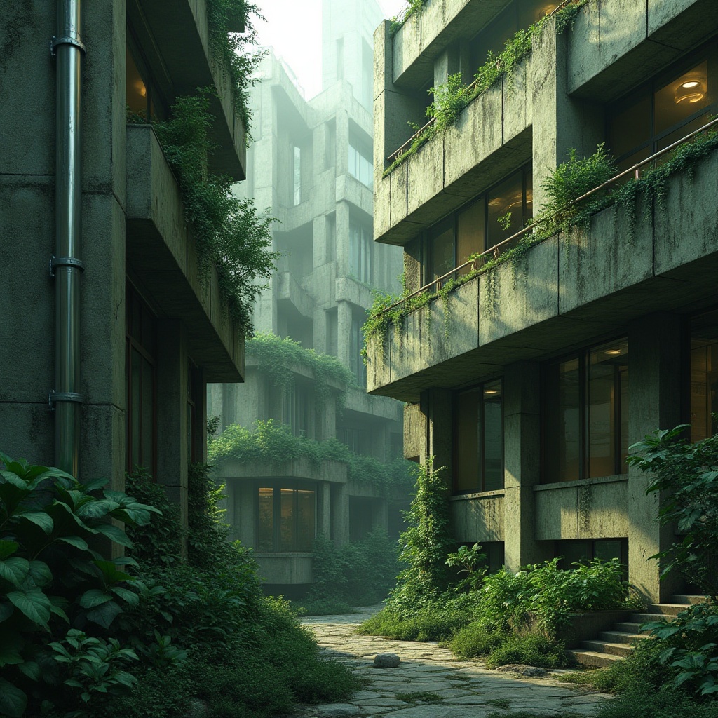 Prompt: Brutalist architecture, green accents, concrete walls, industrial pipes, urban jungle, overgrown plants, vines crawling up buildings, moss-covered rooftops, geometric shapes, abstract composition, low-angle shot, dramatic lighting, strong shadows, 3/4 view, cinematic atmosphere, detailed texture, realistic rendering.