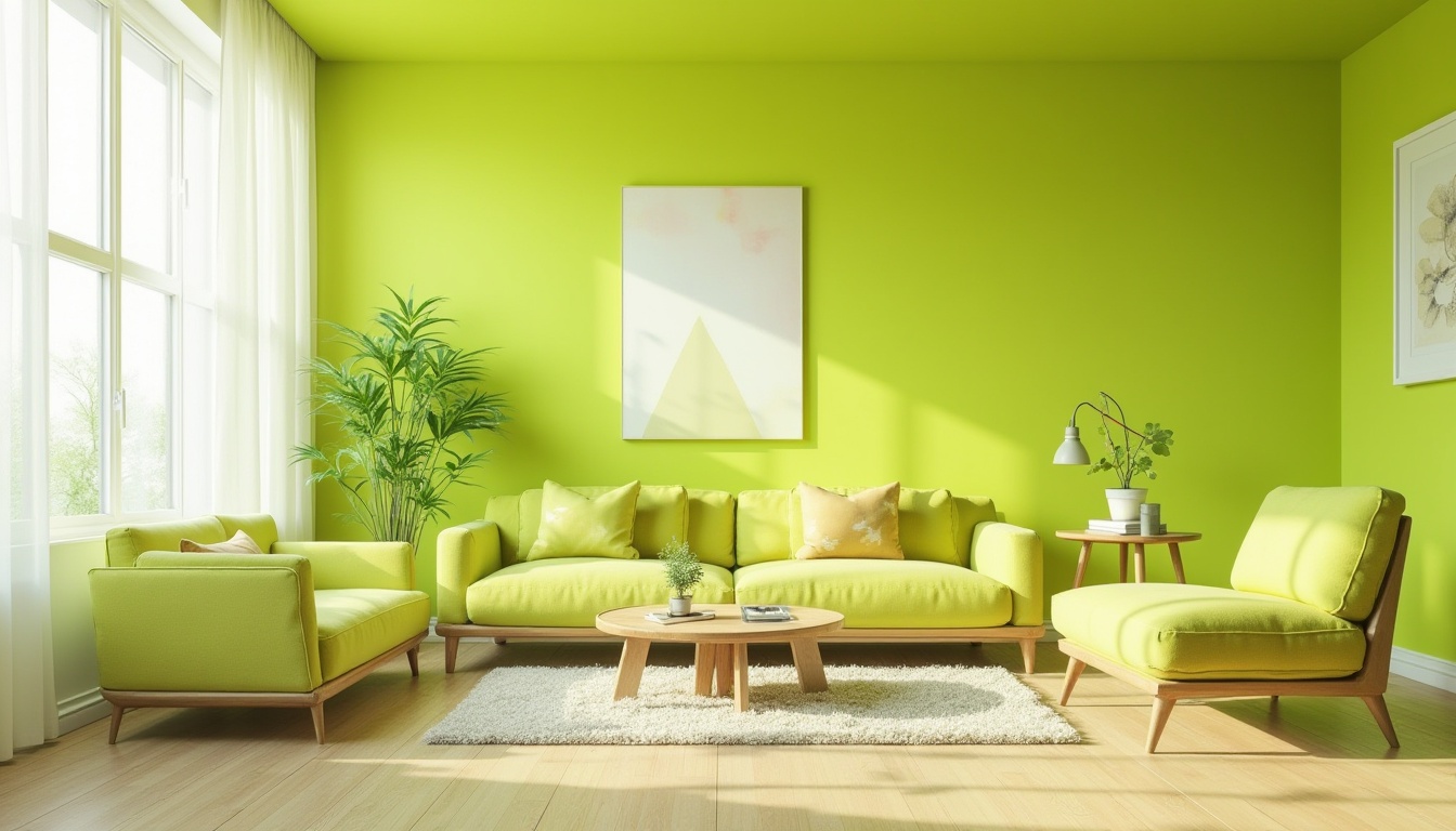 Prompt: Vibrant lime green, modern minimalist interior, bright accents, sleek lines, low-poly furniture, geometric patterns, citrus-inspired decor, refreshing ambiance, natural light pouring in, sheer white curtains, potted plants, wooden floors, trendy coffee table, abstract artwork, pastel shades, 3/4 composition, panoramic view, soft focus, warm lighting.