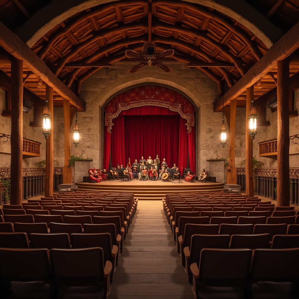 Prompt: Rustic performing arts center, wooden structure, curved roof, exposed beams, stone walls, earthy tones, natural materials, warm lighting, cozy atmosphere, auditorium with wooden seats, grand stage, red velvet curtains, ornate chandeliers, traditional instruments, ethnic decorations, vibrant tapestries, cultural patterns, eclectic ornaments, wooden floors, soft shadows, intimate setting, dramatic spotlights, warm ambient glow, cinematic composition, 3/4 view.