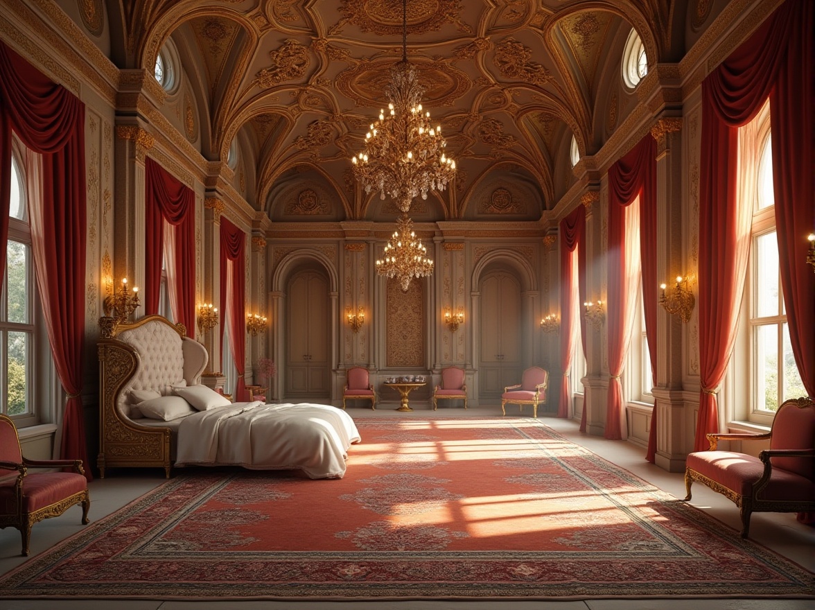 Prompt: Byzantine dorm, luxurious interior, ornate plaster material, golden accents, intricate patterns, arches, domes, grand chandeliers, lavish furnishings, velvet drapes, regal atmosphere, warm lighting, ancient Greek inspiration, detailed textures, smooth curves, monumental architecture, rich color palette, solemn ambiance, dramatic shadows.