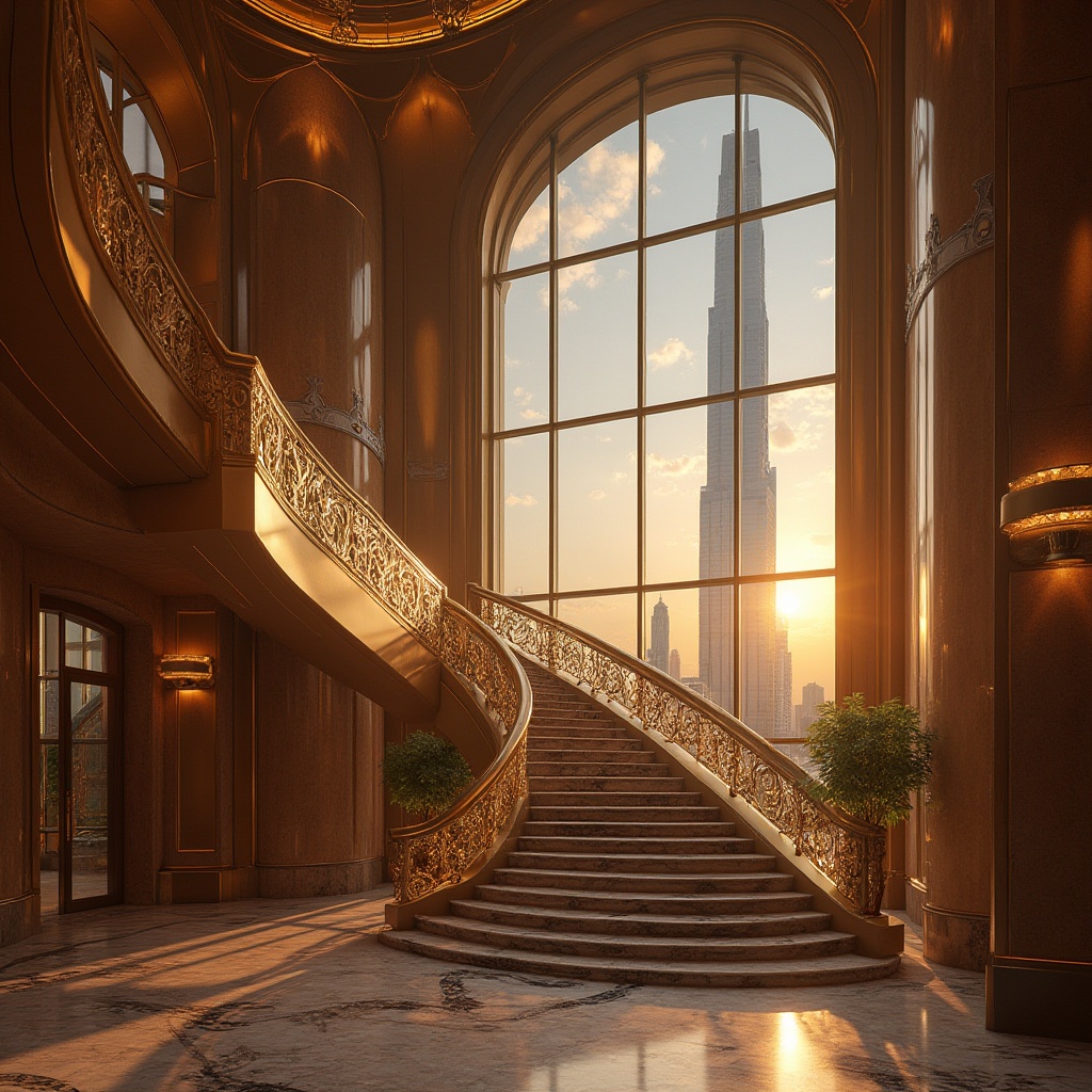 Prompt: Bronze-colored skyscraper, modern architectural design, luxurious hotel lobby, grand staircase, ornate bronze railings, marble flooring, high ceiling, chandelier lighting, 3/4 composition, low-angle shot, warm ambient light, sunset reflection on the bronze surface, cityscape background, urban landscape, metropolitan atmosphere.