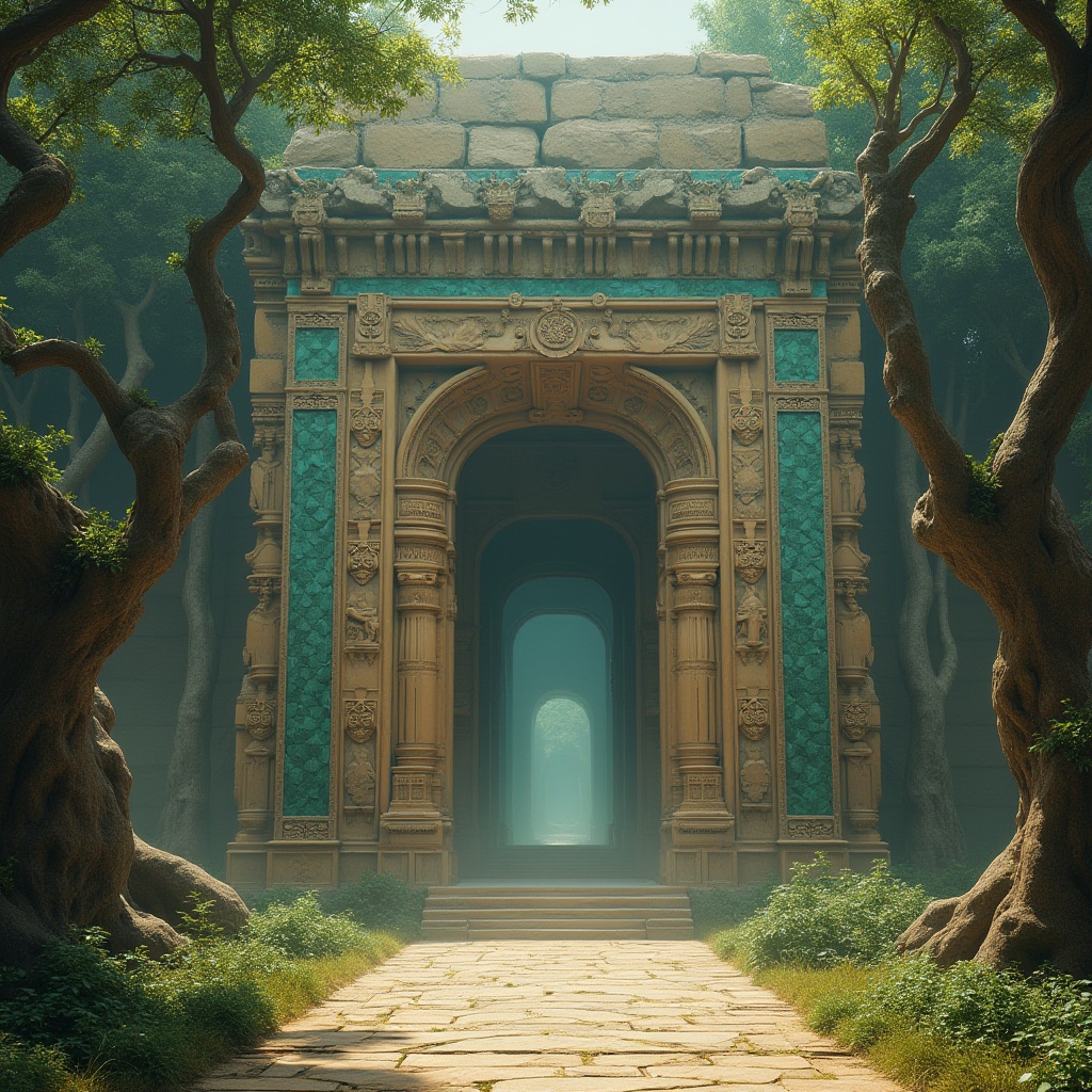 Prompt: Ancient monument, grand entrance, intricately carved stone walls, Malachite green accents, ornate columns, detailed hieroglyphics, mystical aura, misty atmosphere, morning dew, subtle sunlight filtering through the entrance, warm beige stonework, lush greenery surrounding the base, ancient trees with twisted branches, subtle mist effect, cinematic composition, 3/4 view, slight low-angle shot.