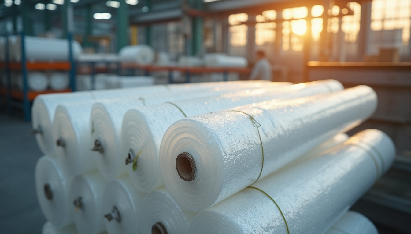 Prompt: Polyethylene materials, translucent plastic sheet, corrugated texture, rolled up, tied with rope, placed in a modern factory, industrial setting, metal shelves, bright fluorescent lighting, afternoon sun rays, warm ambient color tone, shallow depth of field, realistic rendering, 3/4 composition, product photography style.