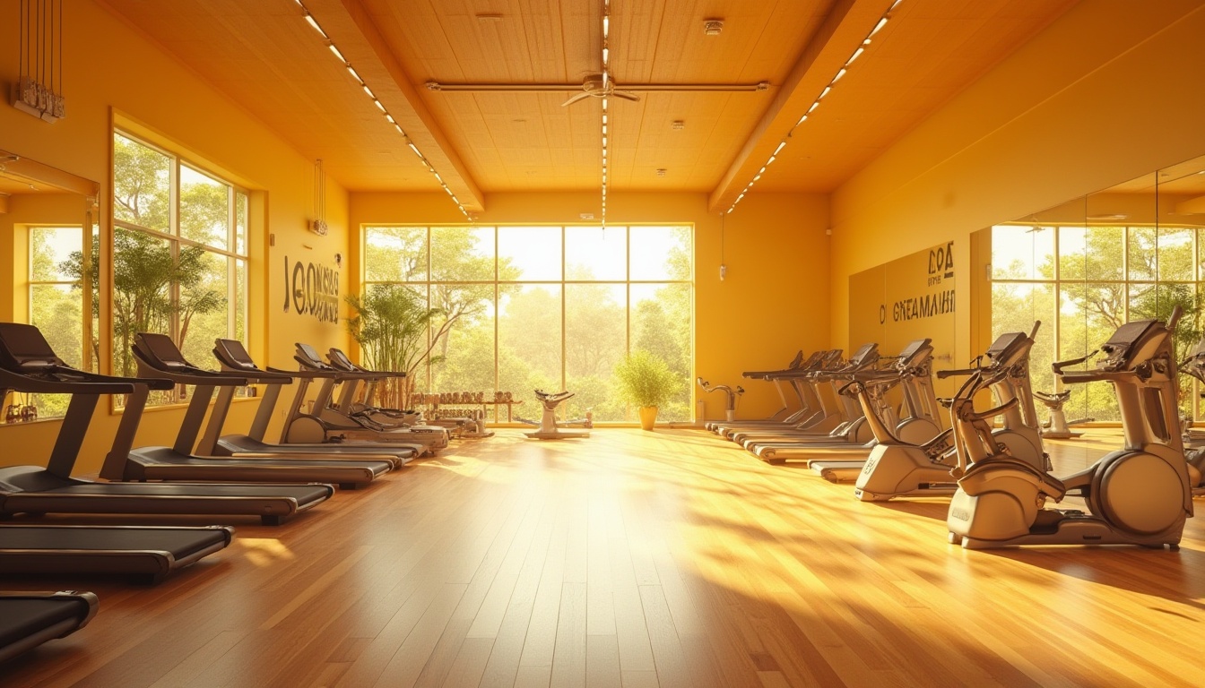 Prompt: Gymnasium interior design, bright golden color scheme, warm ambiance, high ceiling, large windows, natural light pouring in, wooden flooring, shiny polished finish, metallic equipment, treadmills, exercise bikes, free weights, yoga mats, mirrored walls, motivational quotes, modern minimalistic style, 3/4 composition, soft lighting, shallow depth of field, vibrant color contrast, dynamic shadows, morning sunlight.