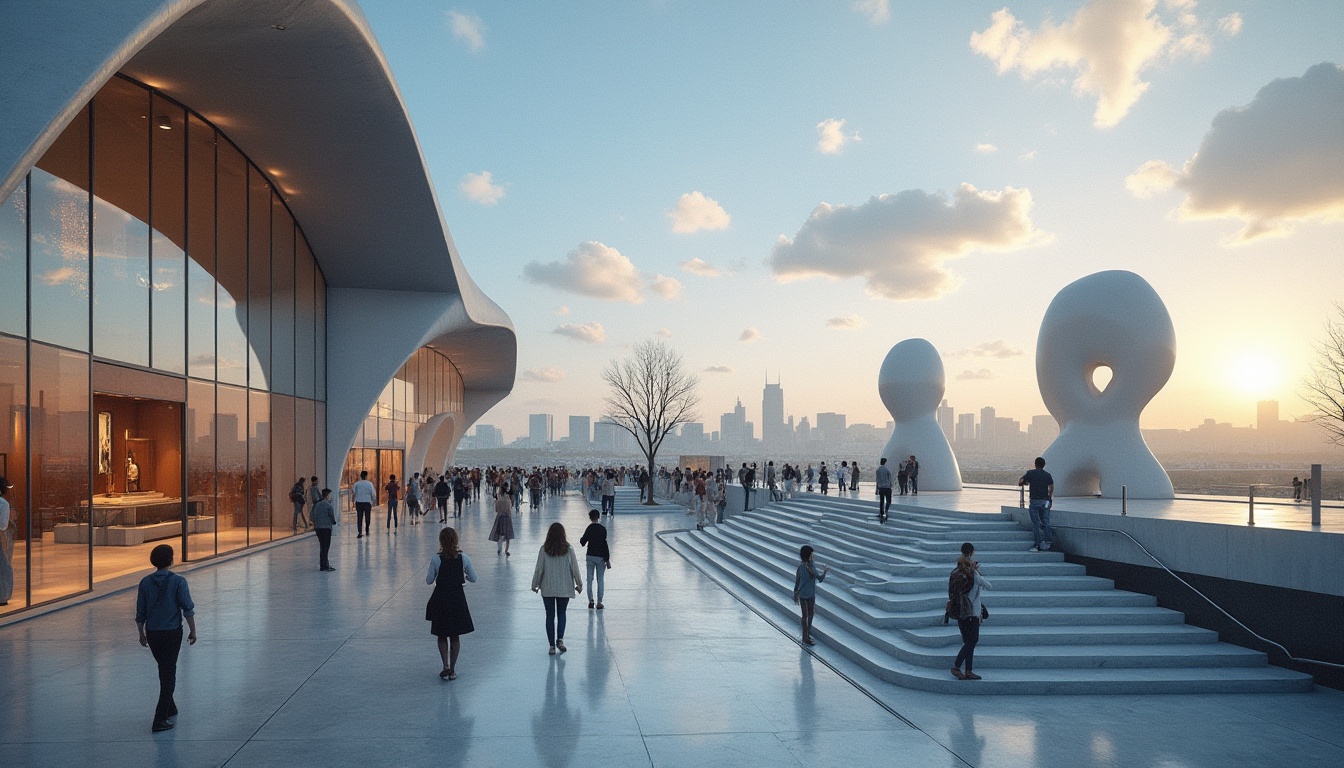 Prompt: Modern art center, sleek architecture, curved lines, metallic materials, glass facade, abstract sculptures, minimalist interior design, spotlights, polished floors, staircase with railing, visitors walking, observing, taking photos, urban cityscape outside, blue skies, fluffy white clouds, afternoon sunlight, warm ambient lighting, high-angle shot, symmetrical composition.