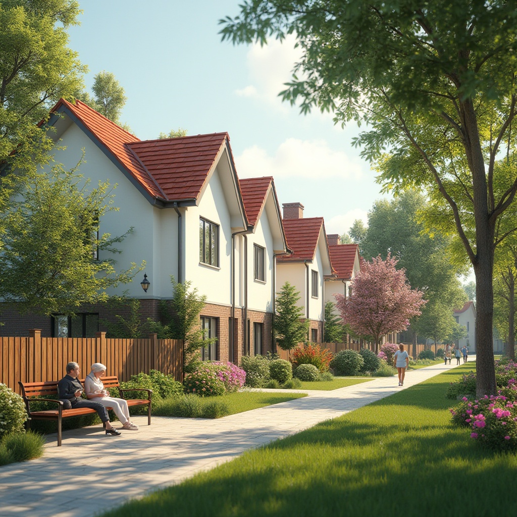 Prompt: Suburban residence, modern villa, harmonious community, greenery surroundings, blooming flowers, lush lawn, paved sidewalk, kids playing tag, mothers chatting on benches, sunny afternoon, warm soft lighting, gentle breeze, American-style house with white walls and red roof, wooden fence, garden lamp posts, 3/4 composition, depth of field, realistic rendering.