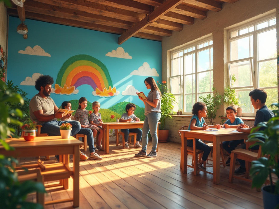 Prompt: Vibrant community center, colorful mural on the wall, diverse people gathering, children playing, mature lady reading book, muscular man teaching kids, warm lighting, wooden tables and chairs, green plants everywhere, open windows showing sunny day, blue sky with fluffy white clouds, gentle breeze, soft natural light, harmonious atmosphere, warm colors, wooden floor, community spirit, educational environment, relaxed posture, smiling faces, 3/4 composition, panoramic view, depth of field.