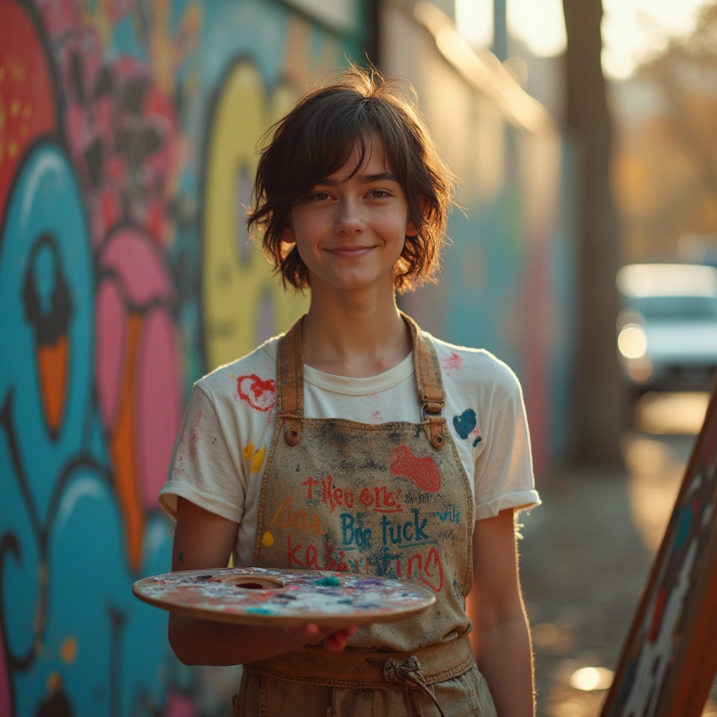 Prompt: Youthful artist, creative, 18yo, messy bobbed hair, paint-stained apron, holding palette, standing in front of vibrant artwork, colorful paintings, abstract shapes, inspirational quotes, urban graffiti wall, cityscape background, sunny afternoon, warm lighting, shallow depth of field, dynamic composition, energetic atmosphere.