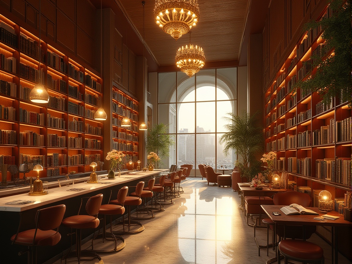 Prompt: Golden color scheme, library interior, warm atmosphere, comfortable seating area, wooden bookshelves, soft lighting, reading lamps, cozy corners, calm ambiance, knowledge hub, modern architecture, urban setting, cityscape view, afternoon sunlight, gentle shadows, rich textures, leather armchairs, marble countertops, elegant chandeliers, floor-to-ceiling windows, natural light pouring in, subtle reflections, warm color tones, inviting decor.