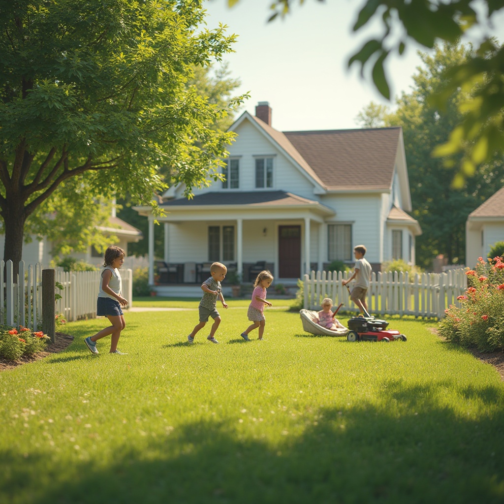 Prompt: Suburban community, peaceful residential area, single-story house, white picket fence, lush green lawn, blooming flowers, children playing tag in the yard, mother watching from the porch swing, father mowing the lawn, warm sunny day, soft focus, cinematic composition, shallow depth of field, vibrant colors, natural textures, inviting atmosphere.