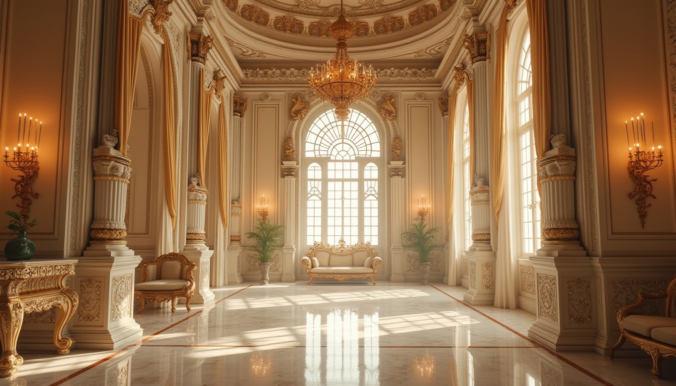 Prompt: Byzantine style, cream color, ornate architecture, intricate details, grand interior, vaulted ceiling, golden accents, luxurious furnishings, velvet drapes, marble floor, regal atmosphere, warm lighting, soft focus, shallow depth of field, dramatic composition, Renaissance-inspired, opulent decoration.