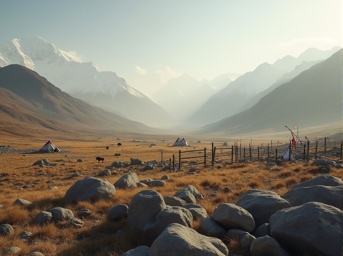 Prompt: Plateau landscape, high-altitude region, vast open space, sparse vegetation, rugged terrain, rocky outcrops, distant snow-capped mountains, misty atmosphere, soft warm lighting, cinematic composition, low-angle shot, emphasis on texture and structure of rocks, worn wooden fences, scattered nomadic tents, Tibetan prayer flags, few yaks grazing in the distance, serene ambiance, natural materials, earthy tones, 3/4 composition, panoramic view.