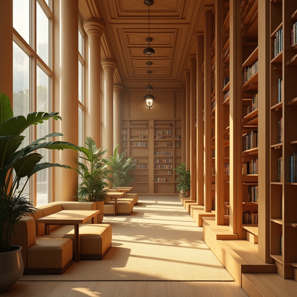 Prompt: Golden color scheme, library interior, warm atmosphere, wooden bookshelves, ornate details, soft lighting, comfortable seating area, natural light pouring through floor-to-ceiling windows, lush green plants, modern minimalist tables, ergonomic chairs, warm beige carpet, abstract geometric patterns on the walls, subtle gradient effects, rich wood textures, elegant curves, calm ambiance, morning sunlight, 3/4 composition, shallow depth of field, realistic render.