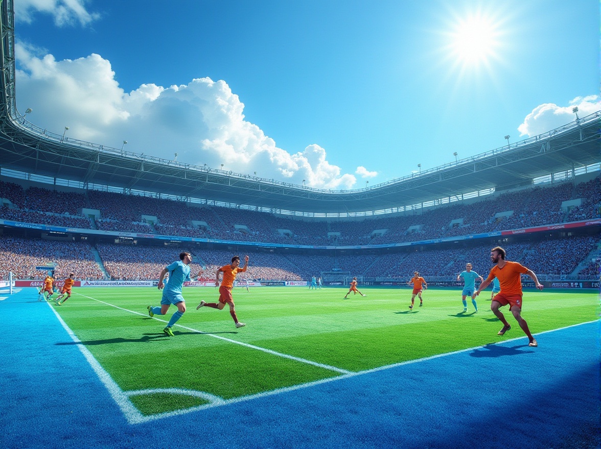 Prompt: Sports stadium, sky blue artificial turf, vibrant color, football players, dynamic movements, kicking ball, running, jumping, shouting, excited facial expressions, bright sunny day, fluffy white clouds, clear blue sky, goalposts, nets, crowds cheering, stadium seats, advertisement boards, 3/4 composition, high-angle shot, dramatic lighting, HDR.