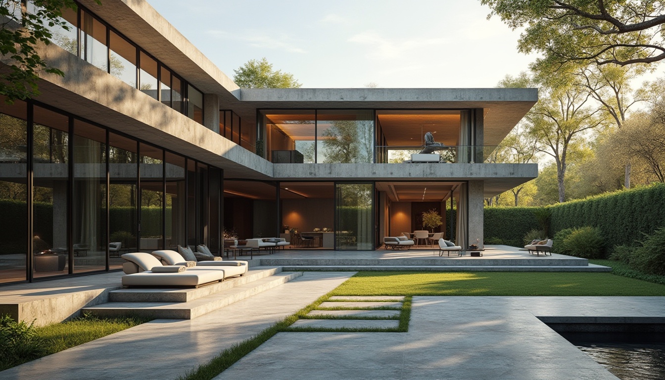 Prompt: Modern residential building, luxurious villa, concrete structure, sleek lines, minimalist aesthetic, large windows, natural light pouring in, polished concrete floor, modern furniture, greenery surroundings, trees, garden, outdoor seating area, warm ambiance, soft focus, 3/4 composition, shallow depth of field.