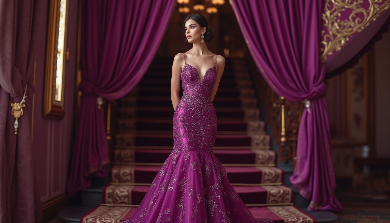 Prompt: Rich amethyst color, luxurious atmosphere, lavish decoration, velvet fabric, intricate gold ornaments, delicate lace patterns, ornate frame, crystal chandelier, grandeur mansion, opulent interior design, majestic staircase, regal ambiance, softbox lighting, high-end fashion, sophisticated lady, evening gown, diamond jewelry, flawless makeup, elegant hairstyle.