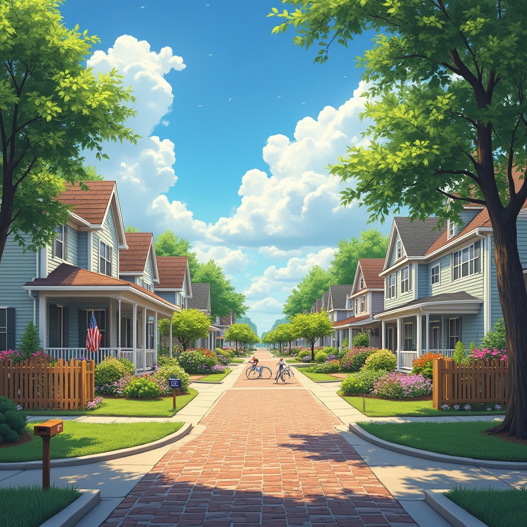 Prompt: Suburban community, serene neighborhood, cozy residential area, tranquil atmosphere, warm sunny day, clear blue sky, white fluffy clouds, lush green trees, vibrant flower beds, neatly manicured lawns, colorful mailboxes, wooden fences, brick paved sidewalks, kids playing in the distance, mothers chatting on front porches, American style houses with pitched roofs, dormer windows, shutters, welcoming front doors, friendly neighbors waving, bicycles parked near the sidewalk, a sense of community, warm lighting, gentle shadows, 3/4 composition, soft focus background, realistic textures.